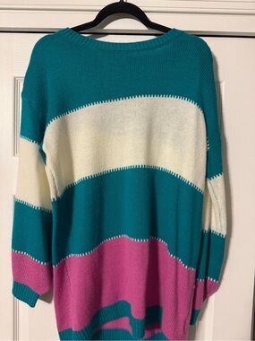 Umgee Teal, Cream & Pink Colorblock Crewneck Sweater